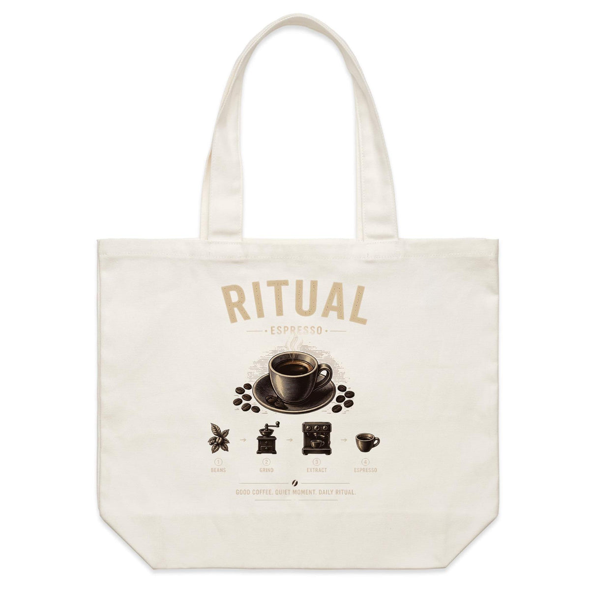 Back of Voltare Espresso Ritual natural canvas tote bag with matching espresso cup, coffee beans and coffee-making illustrations