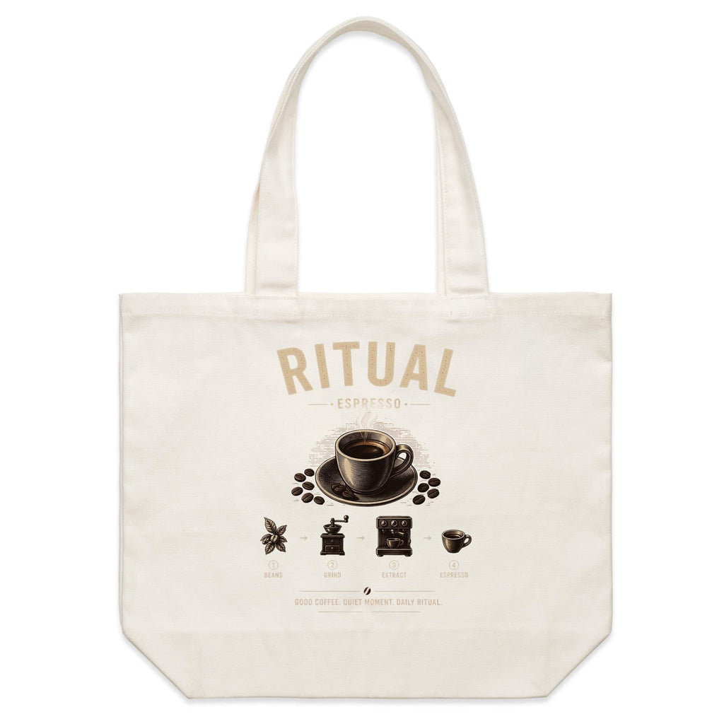Front of Voltare Espresso Ritual natural canvas tote bag with espresso cup, coffee beans and coffee-making illustrations