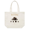 Front of Voltare Espresso Ritual natural canvas tote bag with espresso cup, coffee beans and coffee-making illustrations