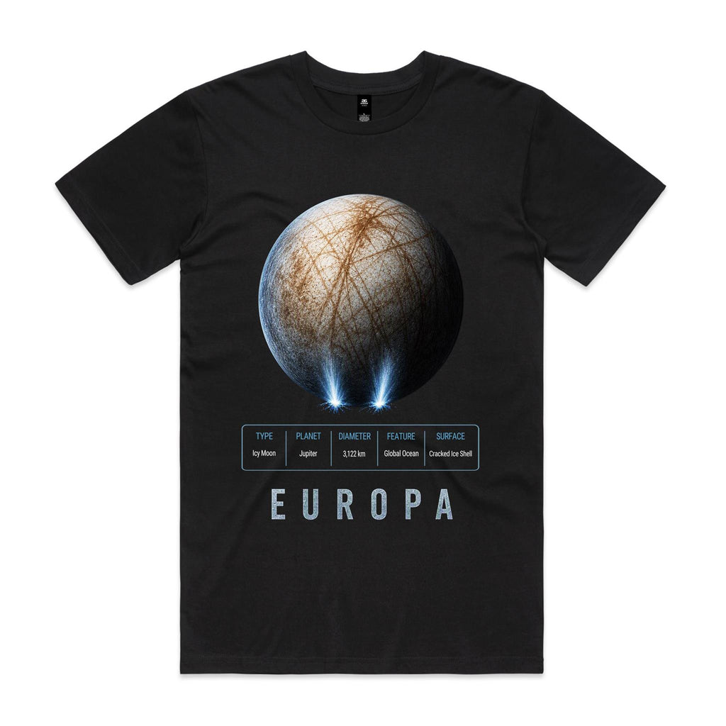 Front of Voltare Europa black tee with fractured icy-moon artwork, luminous blue plumes, moon-facts panel and silver-blue lettering