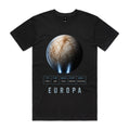 Front of Voltare Europa black tee with fractured icy-moon artwork, luminous blue plumes, moon-facts panel and silver-blue lettering