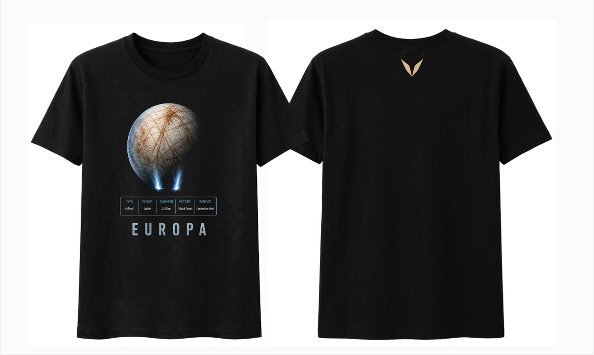 Front and back preview of Voltare Europa black tee with icy-moon artwork, blue plumes, moon-facts panel and sand-coloured Voltare V logo