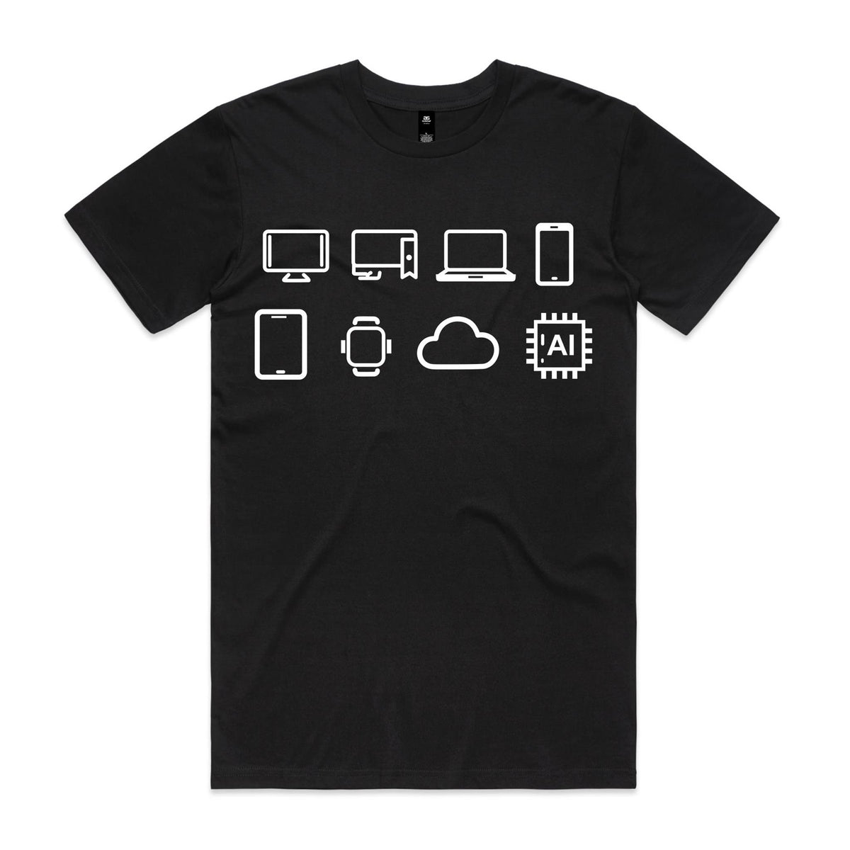 Front of the Black Voltare Evolution of Tech tee with eight white icons showing computers, mobile devices, a smartwatch, cloud and an AI chip