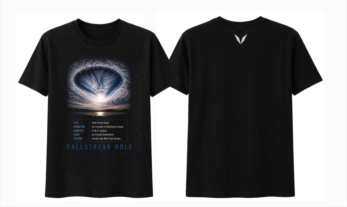 Original Black front and back artwork preview for Voltare Fallstreak Hole tee; the available garment colour is Grey Marle