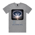 Front of Voltare Fallstreak Hole Grey Marle tee featuring dramatic cloud artwork, a phenomenon facts panel and dark Fallstreak Hole title