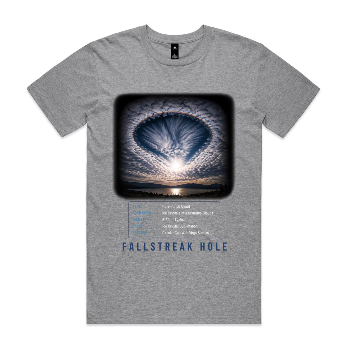 Front of Voltare Fallstreak Hole Grey Marle tee featuring dramatic cloud artwork, a phenomenon facts panel and dark Fallstreak Hole title