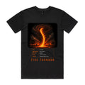 Front of Voltare Fire Tornado black tee with twisting orange flames, silhouetted trees, phenomenon-facts panel and FIRE TORNADO lettering