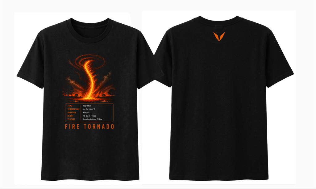 Front and back preview of Voltare Fire Tornado black tee with flame artwork, fact panel and orange Voltare V logo