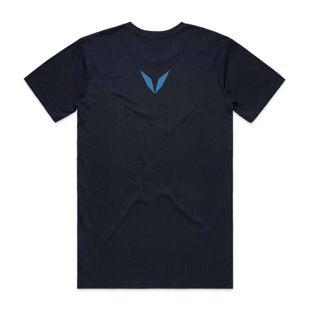 Back of the Navy Voltare First Catch Trout Fishing tee with a blue Voltare V between the shoulder blades