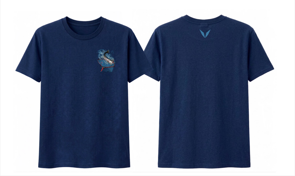 Front and back of the Navy Voltare First Catch Trout Fishing tee with trout-and-net chest artwork and a blue back V