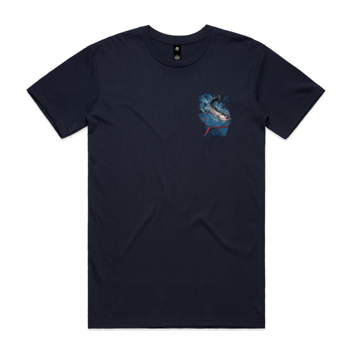 Front of the Navy Voltare First Catch Trout Fishing tee with a trout, splashing water and red-framed landing net on the left chest