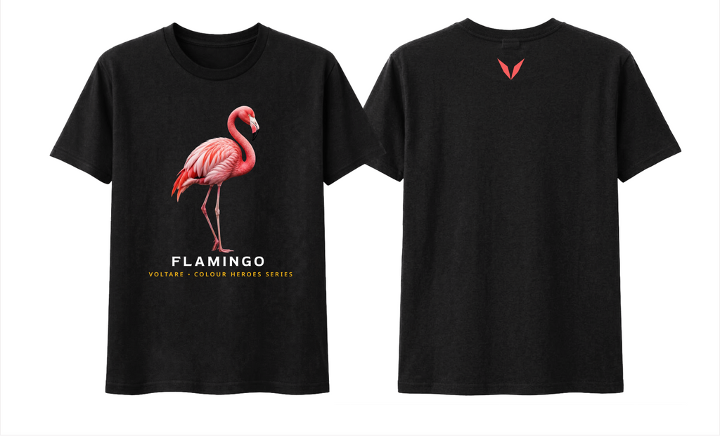 Front and back preview of the black Voltare Flamingo Colour Heroes Worldwide T-shirt, with flamingo artwork on the front and a coral-pink Voltare V on the back.