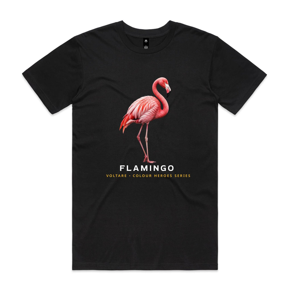 Front of the black Voltare Flamingo Colour Heroes Worldwide T-shirt with a coral-pink flamingo, layered feathers, a curved neck and long slender legs.