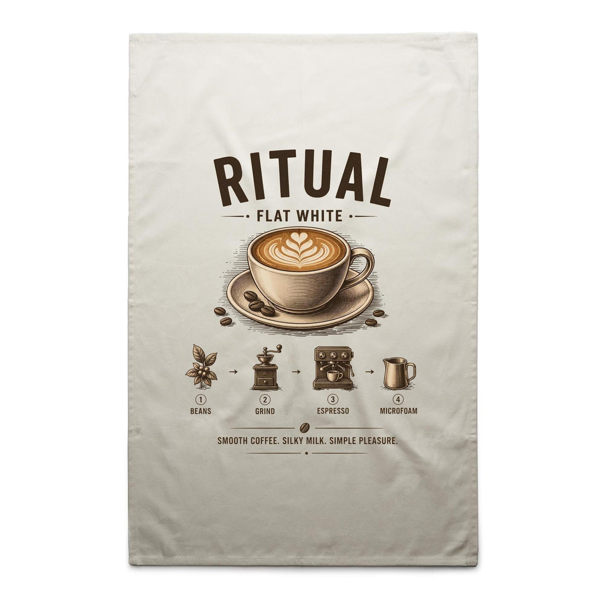 Voltare Flat White Ritual cream tea towel with latte art, coffee cup and saucer, coffee beans and illustrated coffee-making steps