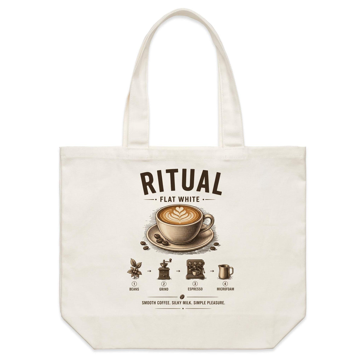 Back of Voltare Flat White Ritual natural canvas tote bag with matching latte art, coffee cup and illustrated coffee-making steps