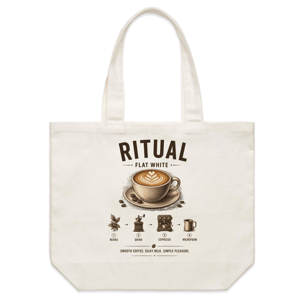 Front of Voltare Flat White Ritual natural canvas tote bag with latte art, coffee cup and illustrated coffee-making steps