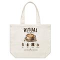 Front of Voltare Flat White Ritual natural canvas tote bag with latte art, coffee cup and illustrated coffee-making steps
