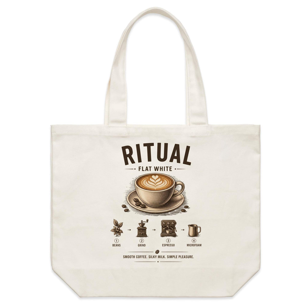 Front of Voltare Flat White Ritual natural canvas tote bag with latte art, coffee cup and illustrated coffee-making steps