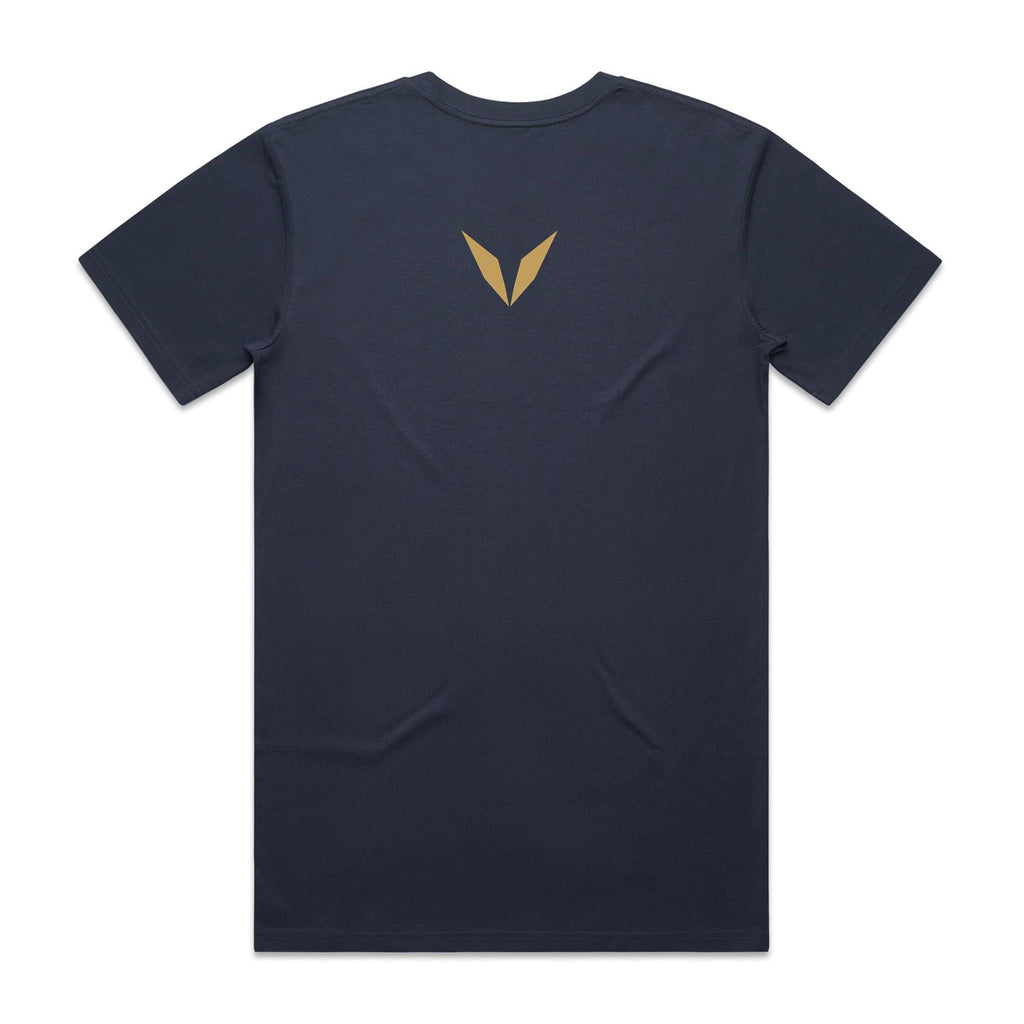 Back of the Midnight Blue Voltare Flathead Estuary King Fishing tee with a golden Voltare V high on the back