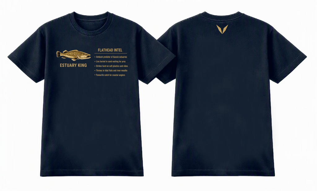 Front and back preview of the Midnight Blue Voltare Flathead Estuary King Fishing tee with golden flathead artwork, a fishing fact panel and a golden back V