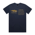 Midnight Blue Voltare Flathead Estuary King fishing tee featuring a golden flathead illustration, Estuary King lettering and a Flathead Intel fishing fact panel