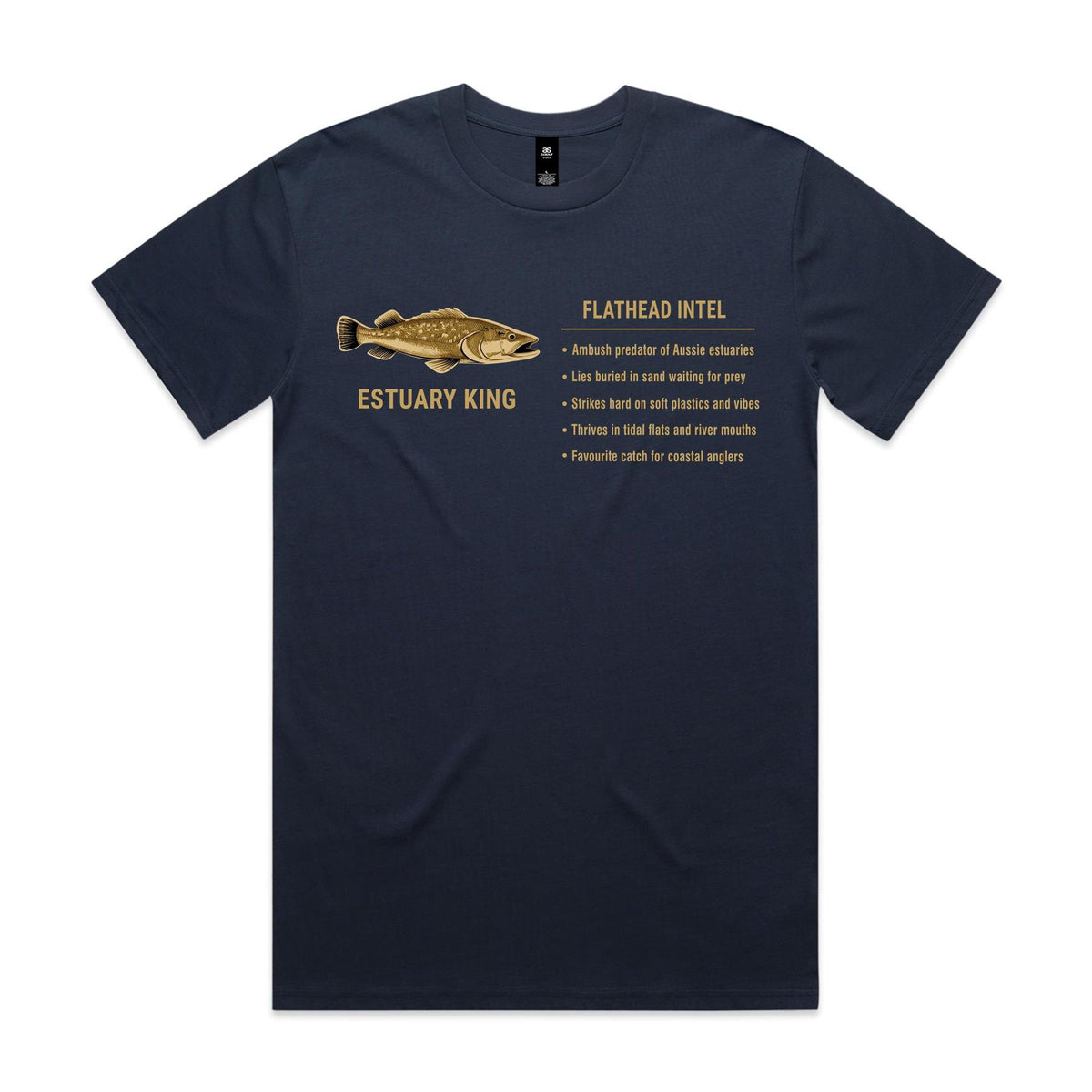 Midnight Blue Voltare Flathead Estuary King fishing tee featuring a golden flathead illustration, Estuary King lettering and a Flathead Intel fishing fact panel