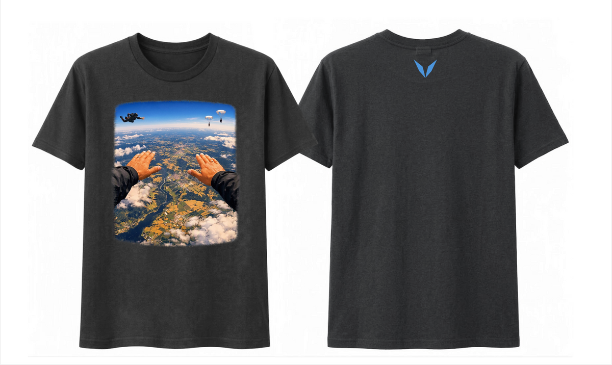 Front and back of the Black Voltare Freefall Skydiving tee with first-person freefall artwork and a blue back V
