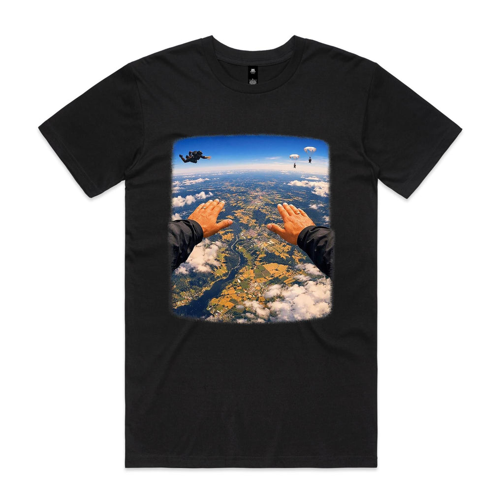 Front of the Black Voltare Freefall Skydiving tee with first-person skydiving artwork above fields, waterways and clouds
