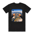 Front of the Black Voltare Freefall Skydiving tee with first-person skydiving artwork above fields, waterways and clouds