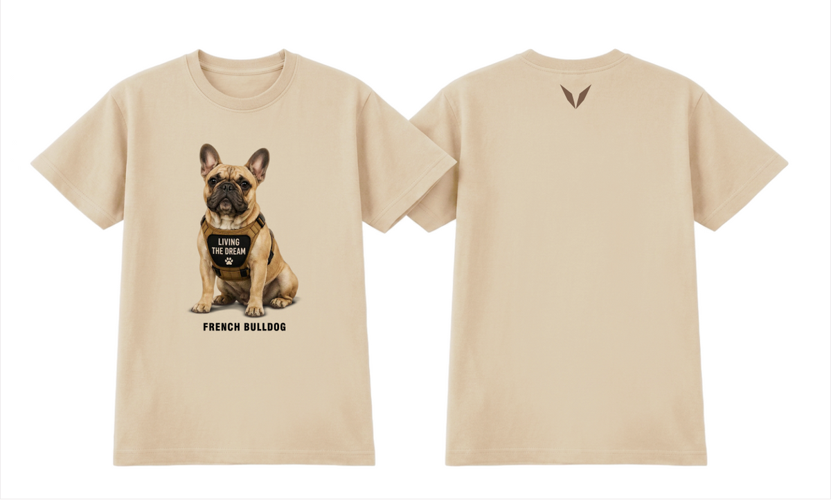 Front and back preview of the Ecru Voltare French Bulldog Living the Dream tee with Frenchie artwork and a brown back V