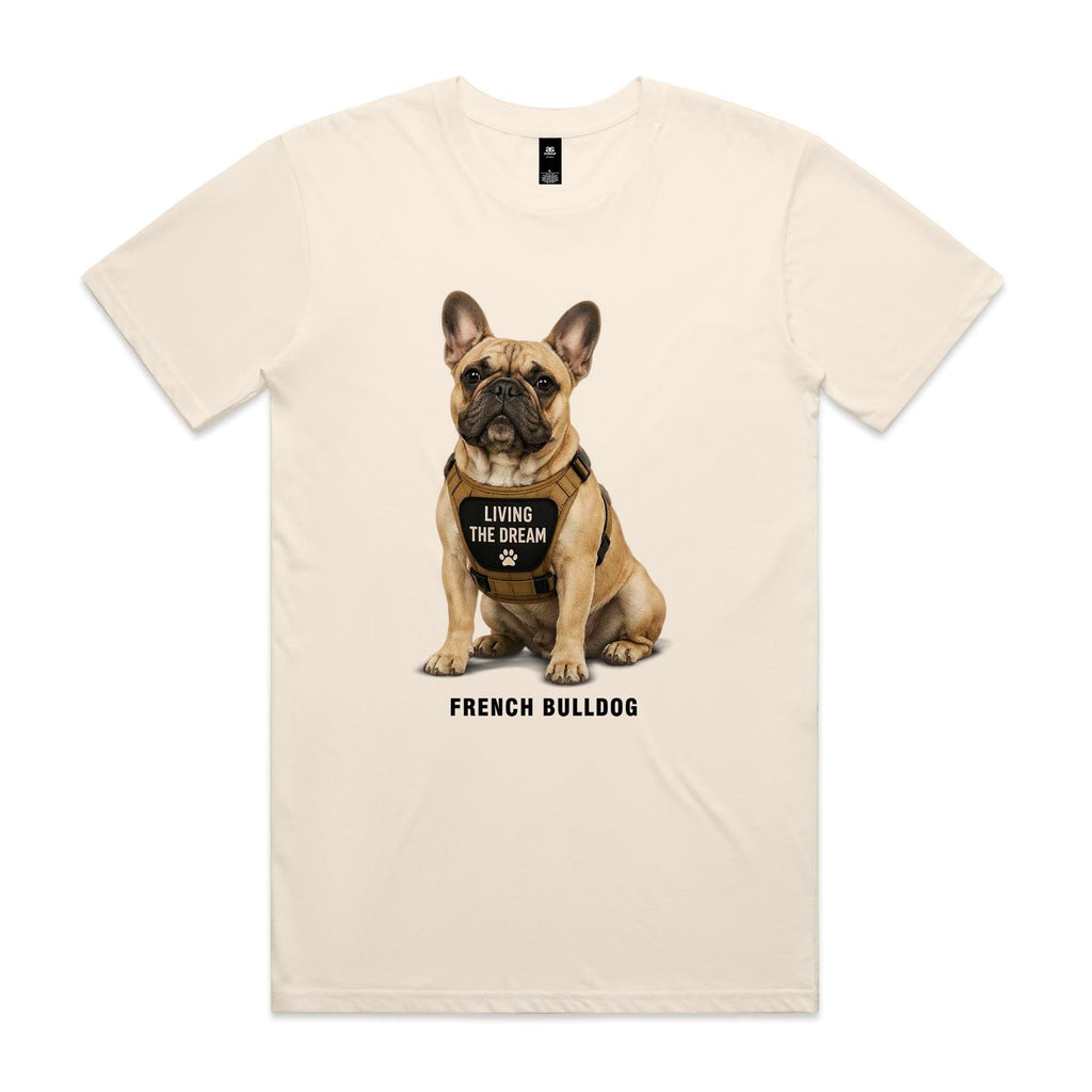 Ecru Voltare French Bulldog tee featuring a fawn Frenchie in a tan harness with Living the Dream wording