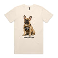 Ecru Voltare French Bulldog tee featuring a fawn Frenchie in a tan harness with Living the Dream wording