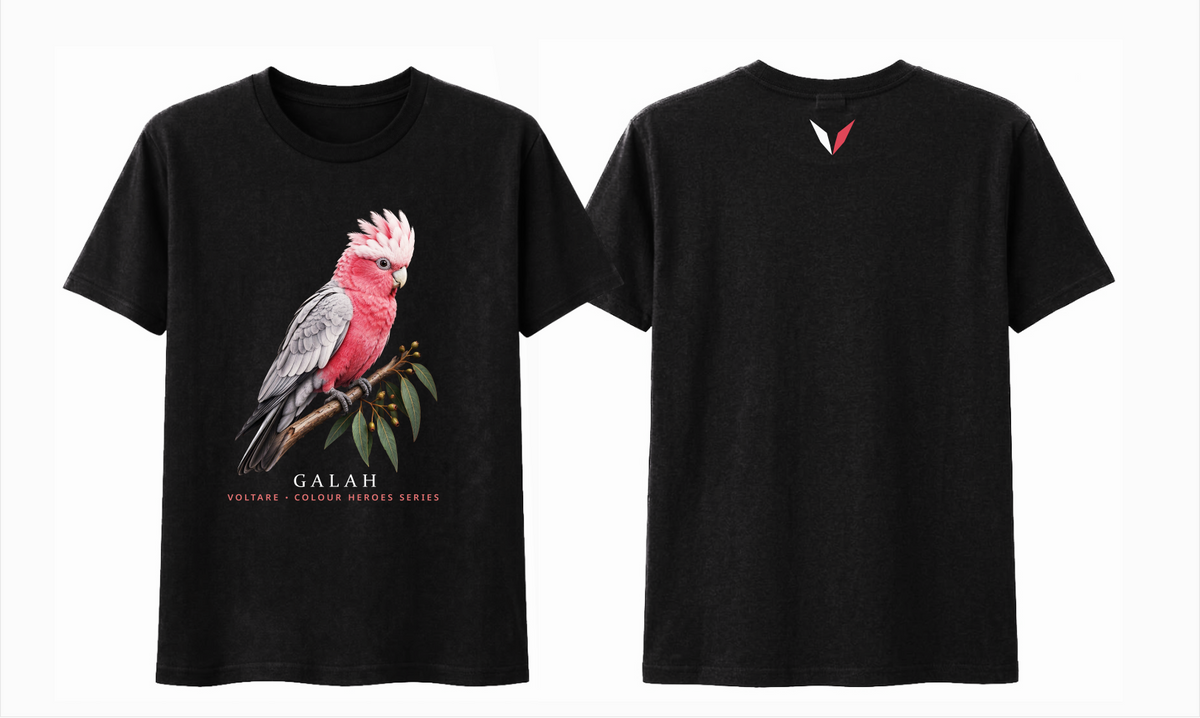 Combined front and back preview of Voltare Black Galah T-shirt with pink-and-grey bird artwork and a white-and-pink Voltare V.


