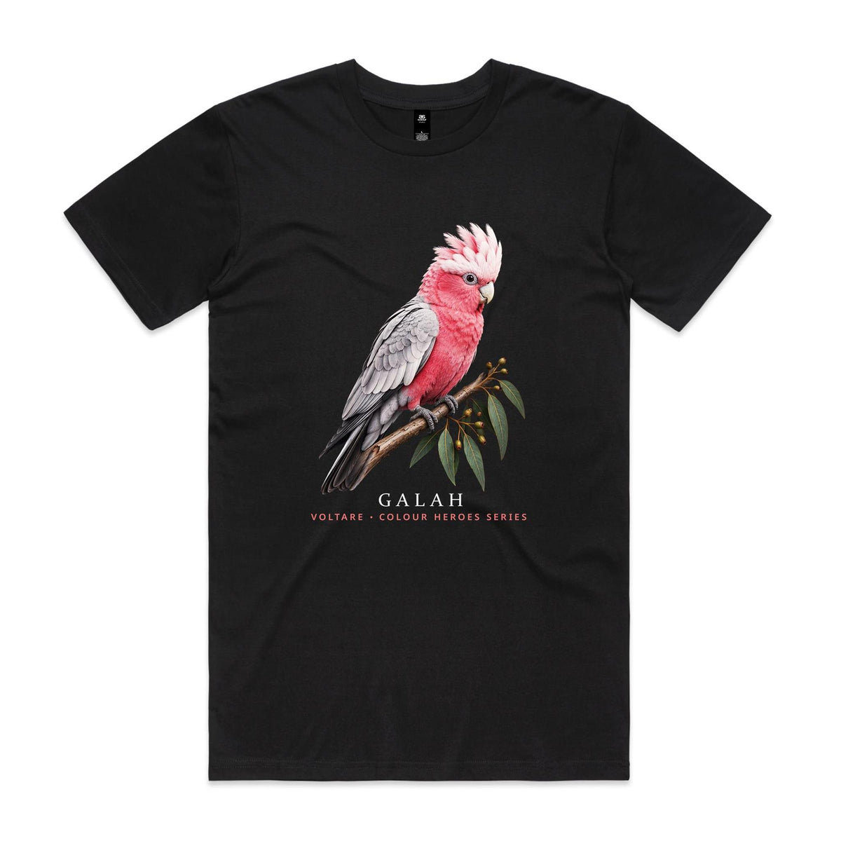 Front of Voltare Black Galah T-shirt featuring a pink-and-grey galah perched on a eucalyptus branch.