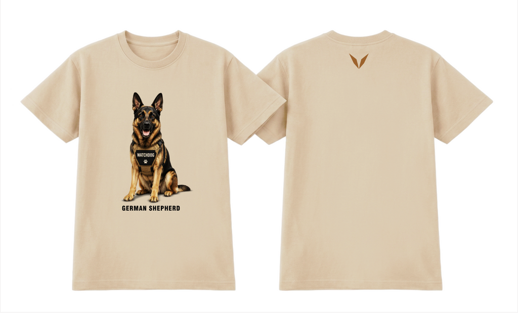 Front and back preview of the Ecru Voltare German Shepherd Watchdog tee, showing dog artwork and lettering on the front and a tan-brown V on the back.

