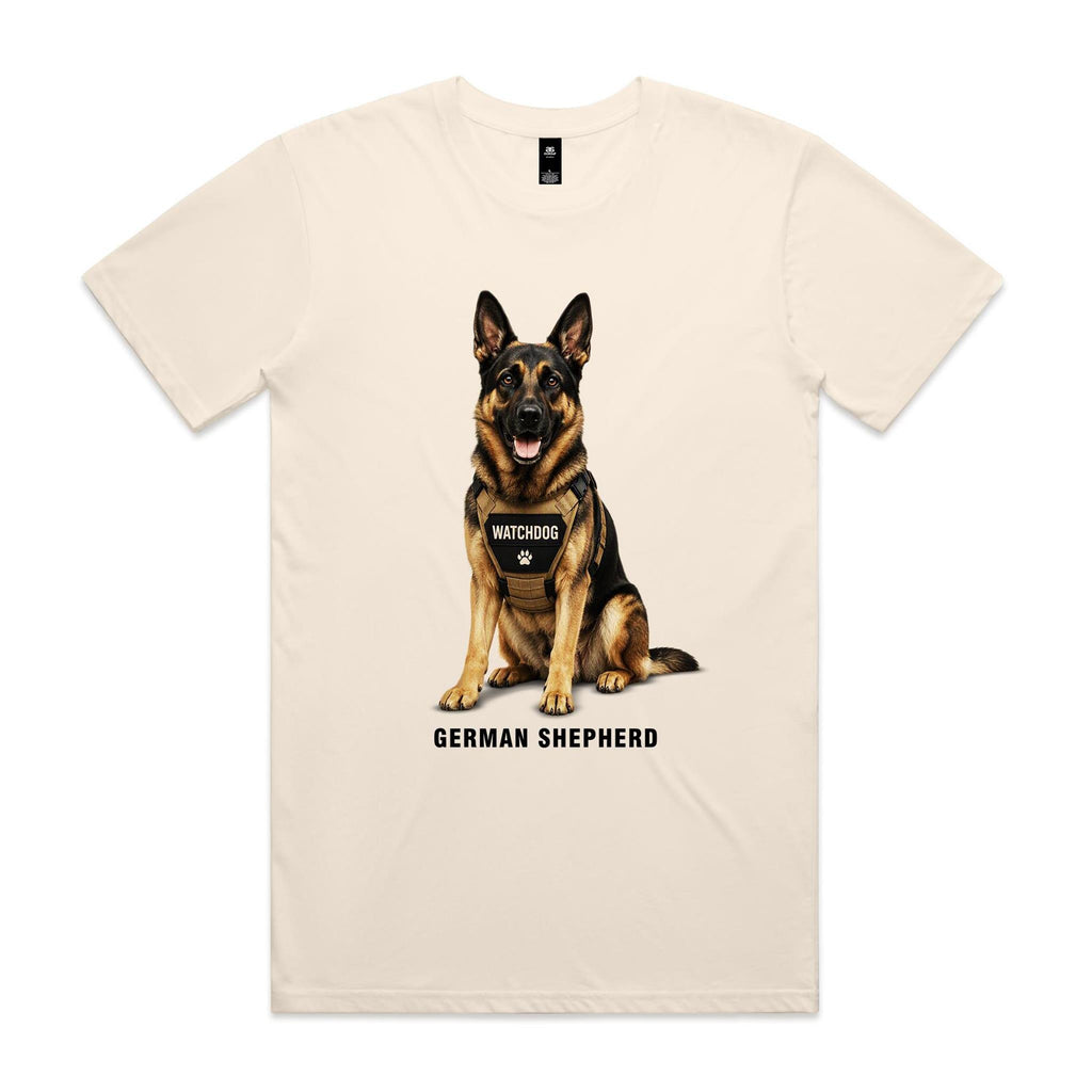 Ecru Voltare adult tee featuring a black-and-tan German Shepherd wearing a tan harness with a Watchdog badge, paw-print detail and black German Shepherd lettering.