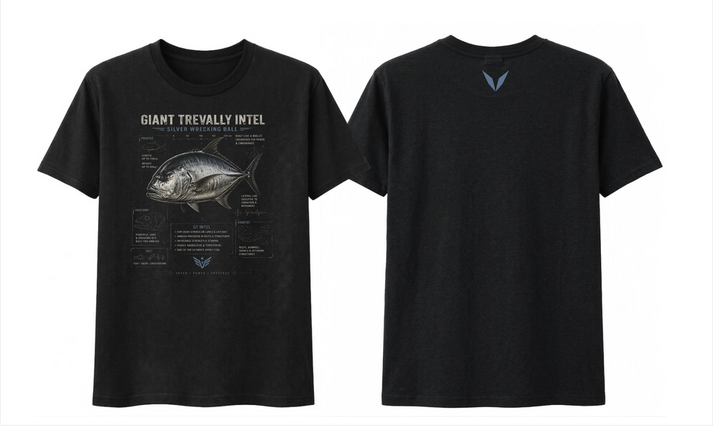 Front and back preview of the Black Voltare Giant Trevally Silver Wrecking Ball Fishing tee with silver-grey fish artwork, illustrated fact panels and a blue-grey back V