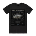 Black Voltare Giant Trevally Silver Wrecking Ball fishing tee featuring silver-grey GT artwork, Giant Trevally Intel lettering and illustrated fish fact panels