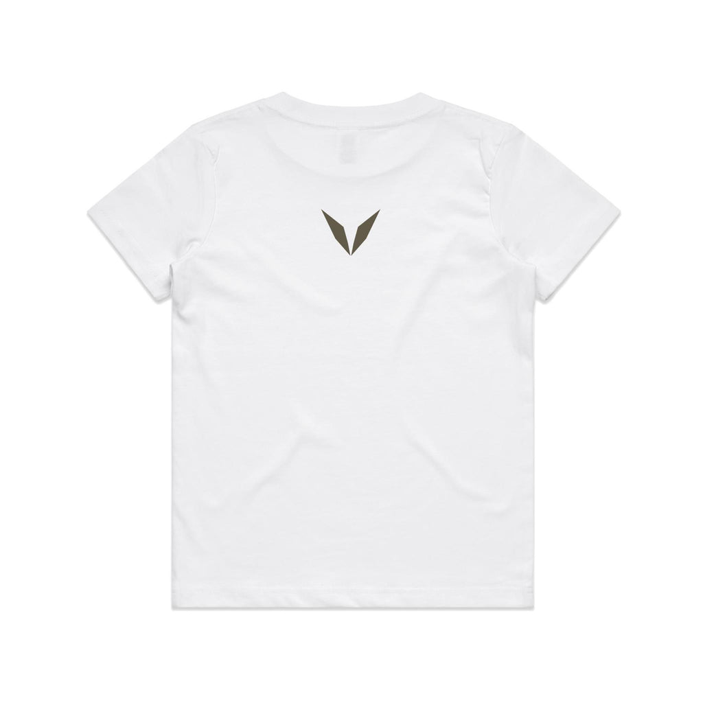 Back of the white Voltare Giganotosaurus kids tee with an olive-grey Voltare V below the neckline.