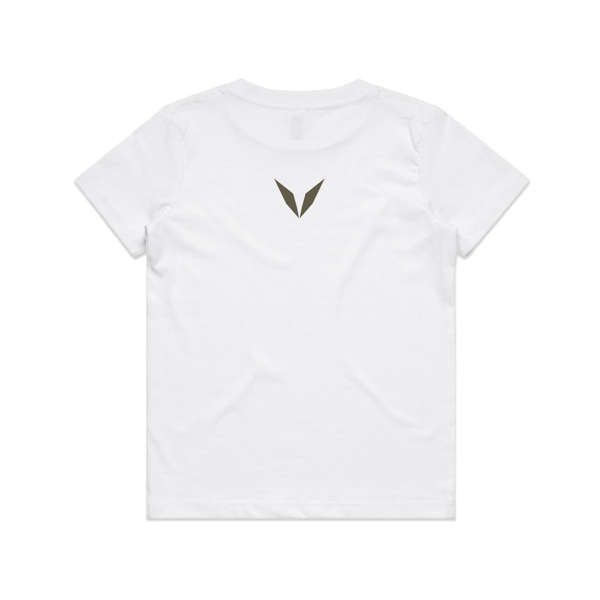 Back of the white Voltare Giganotosaurus kids tee with an olive-grey Voltare V below the neckline.