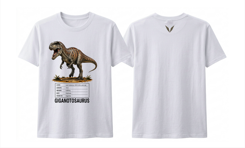 Front and back preview of the white Voltare Giganotosaurus kids tee, showing dinosaur artwork and facts on the front and an olive-grey V on the back.
