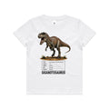 White Voltare kids tee with grey-and-brown Giganotosaurus artwork, rusty-orange markings, a dinosaur facts panel and black Giganotosaurus lettering on the front.