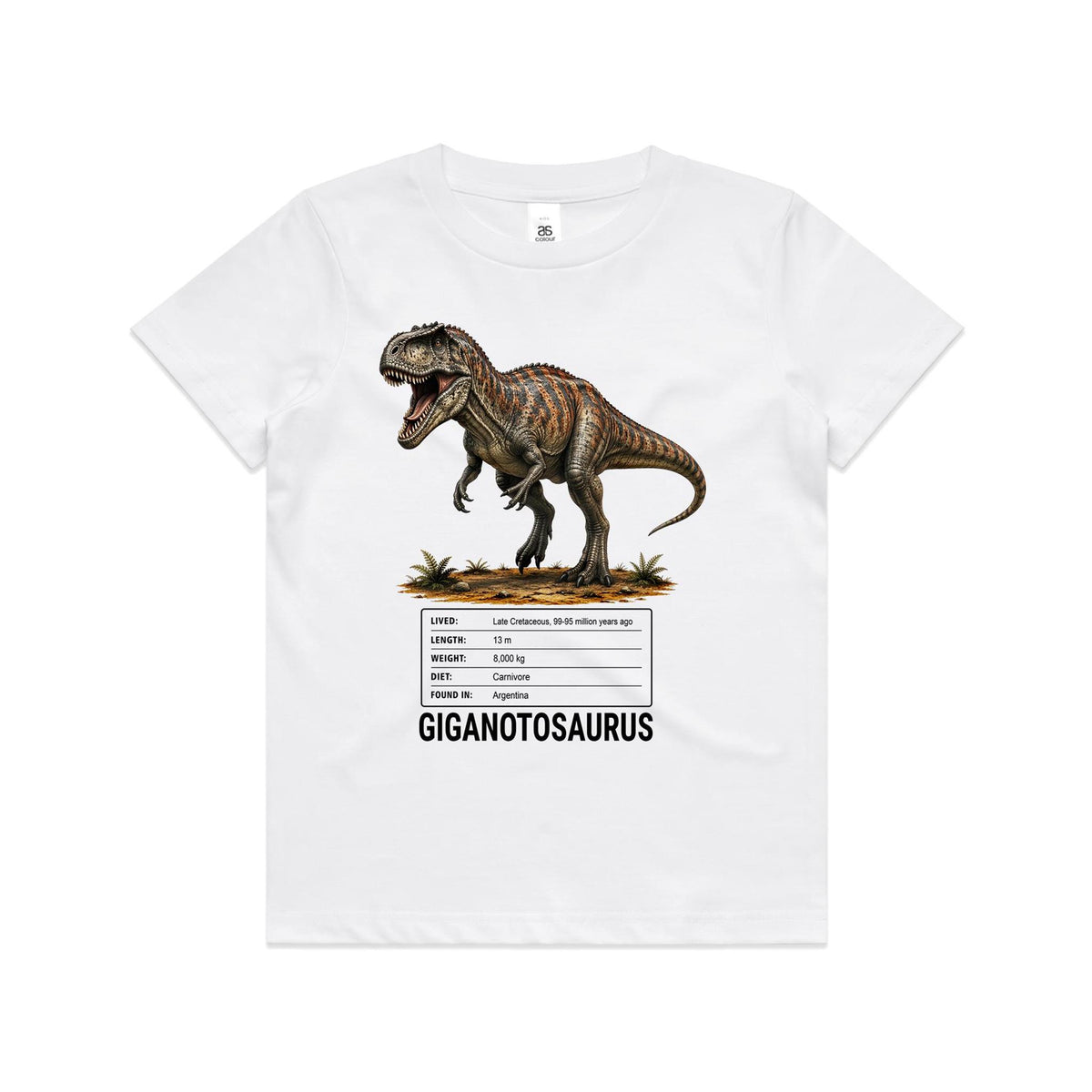 White Voltare kids tee with grey-and-brown Giganotosaurus artwork, rusty-orange markings, a dinosaur facts panel and black Giganotosaurus lettering on the front.