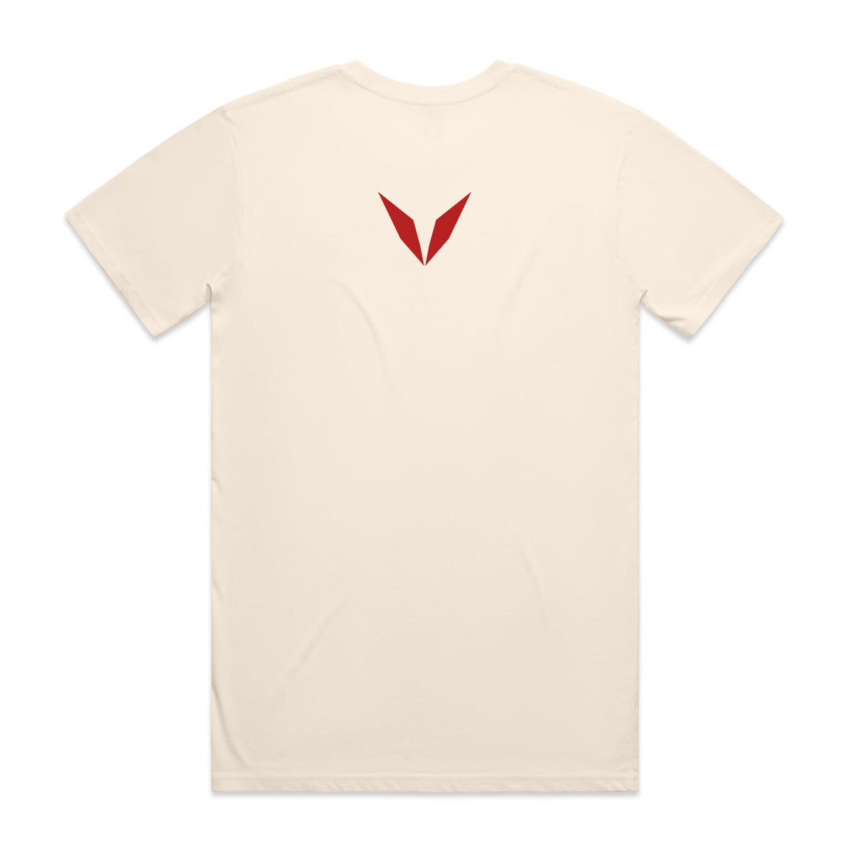 Back of the Ecru Voltare Gladiator tee with a deep-red Voltare V high on the back