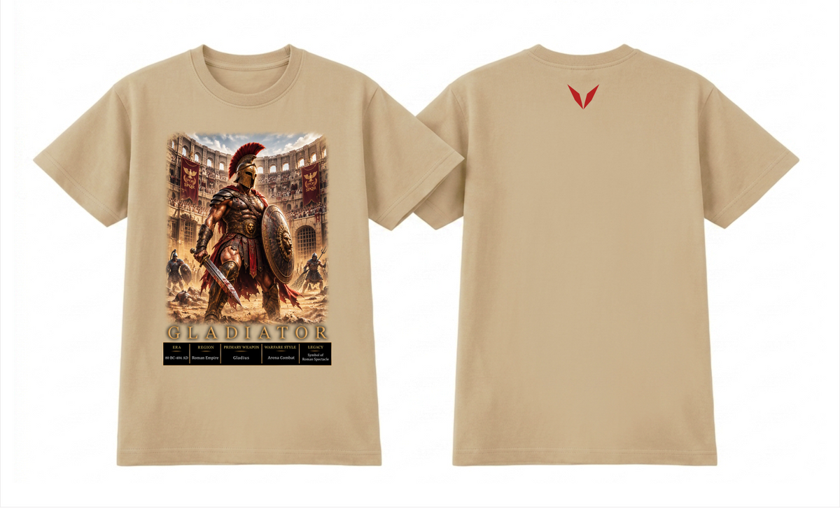 Front and back artwork preview of the Voltare Gladiator tee showing Roman arena artwork and a deep-red Voltare V on a beige garment