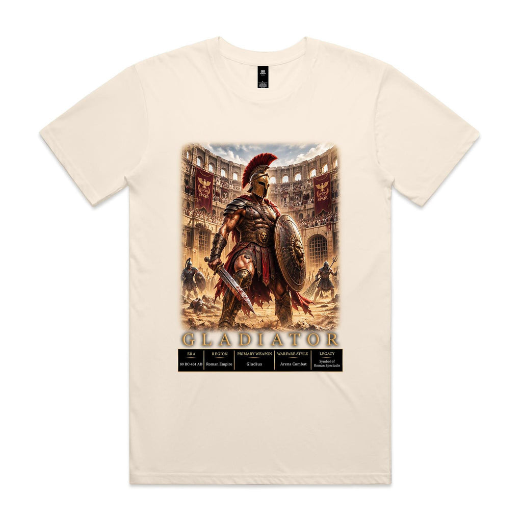 Ecru Voltare Gladiator tee featuring an armoured fighter with a sword and lion-emblem shield, Roman arena scenery and historical fact panels