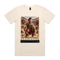 Ecru Voltare Gladiator tee featuring an armoured fighter with a sword and lion-emblem shield, Roman arena scenery and historical fact panels