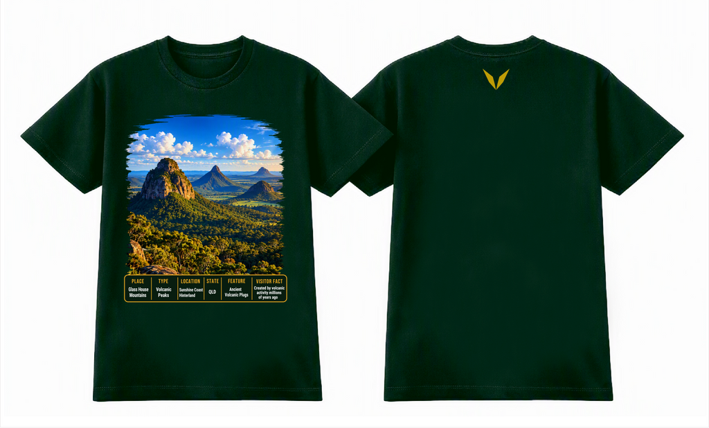 Combined front and back preview of Voltare Forest Green Glass House Mountains T-shirt with mountain artwork, a fact panel and mustard-gold Voltare V.
