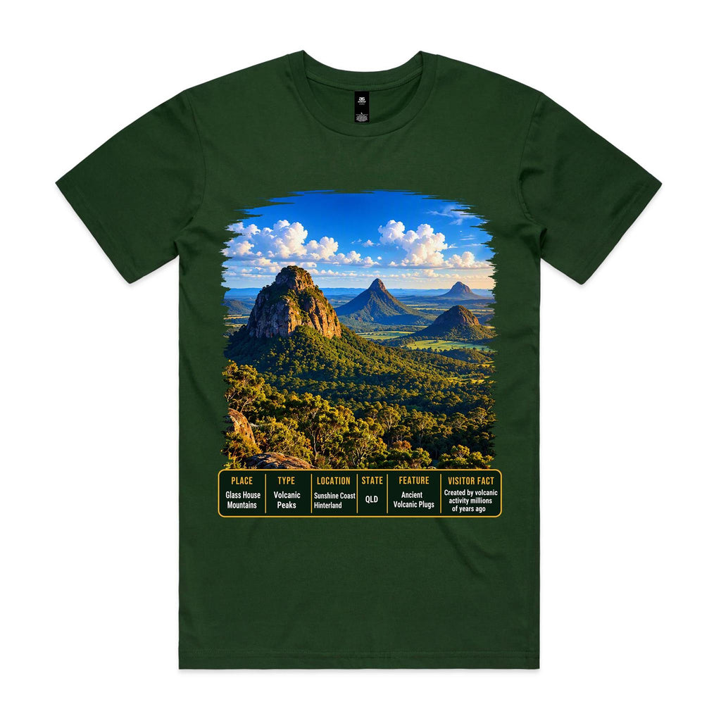 Front of Voltare Forest Green Glass House Mountains T-shirt featuring rocky peaks, lush forest and a Queensland fact panel.