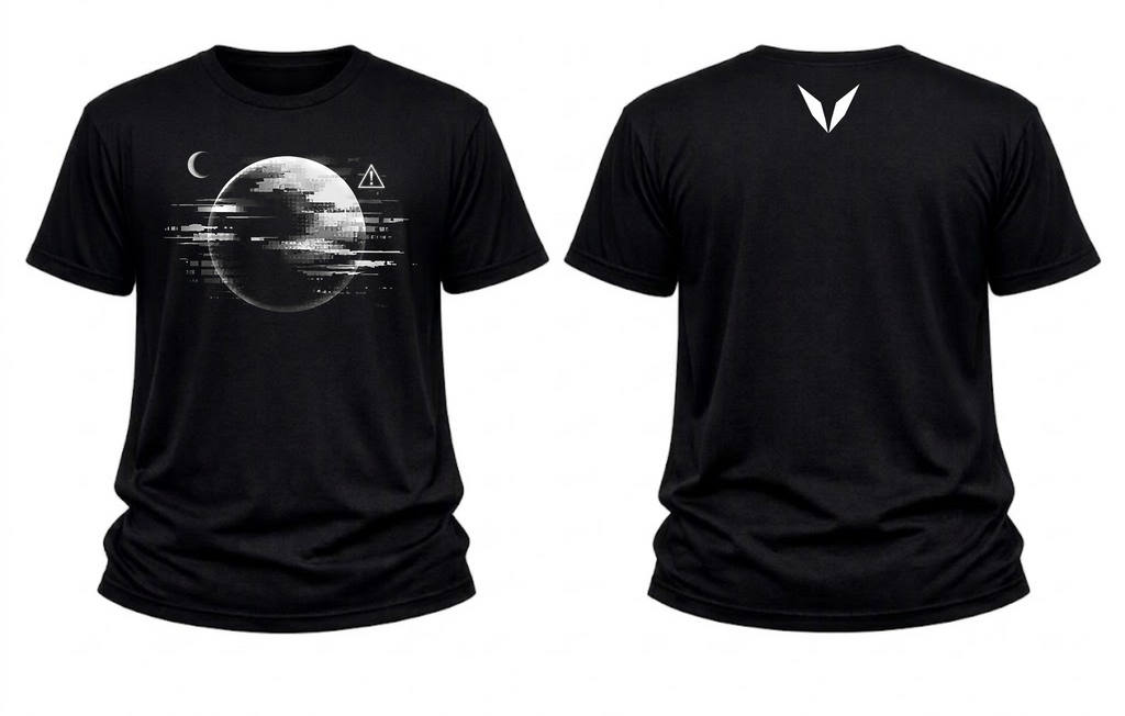 Front and back of Voltare Glitch Planet black graphic tee showing monochrome sci-fi planet artwork and white Voltare V

